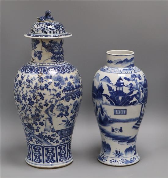 A Chinese blue and white vase and another lidded vase tallest 40cm